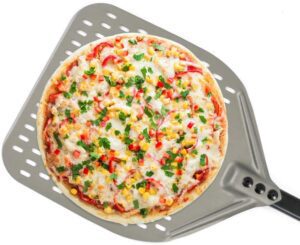 crisp pizza on profrated pizza peel